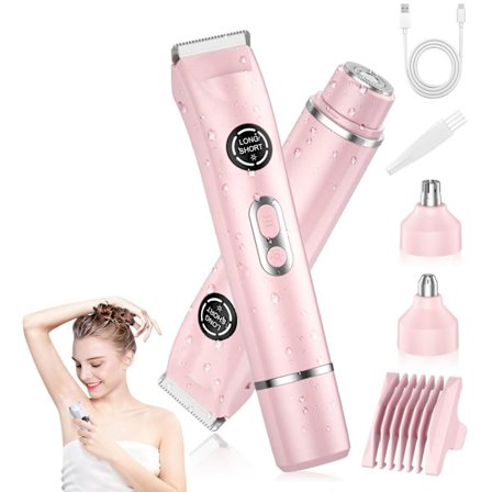 4-i-1 Bikin trimmer til Kvinder – Smertfri Elektrisk Barbermaskine med Dobbelthoved, Krops- & Ansigts trimmer, IPX7 Vandtæt, Våd & Tør Anvendelse