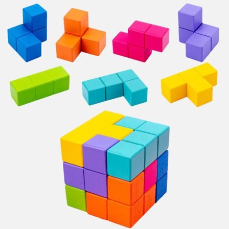 Wooden Puzzle, 3D Tetris Tangram Puzzle with 7 Colorful Cubes Puzzle Game for Kids Adults