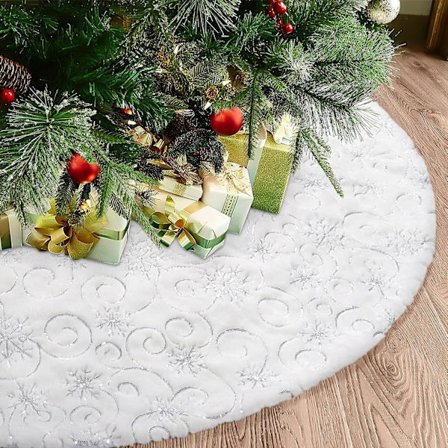 Fuskpäls Julgransmatta 90cm Stor Vit&Silver Plysch Julgransmatta med Paljett Snöflingor Vinranka Gren Träd Matta Bas Skydd