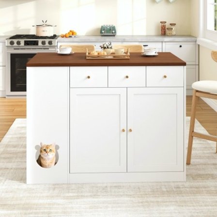 Köksö med djurhörna & utdragbar hylla, kryddhylla & lådor, 120x90cm Vit/Valnöt