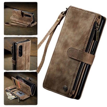 For Samsung Galaxy Z Fold 3 Etui, Nyeste Retro Lommebok Etui med Kortlomme, Multifunksjonelt Etui med Magnetisk Støttestropp Glidelås