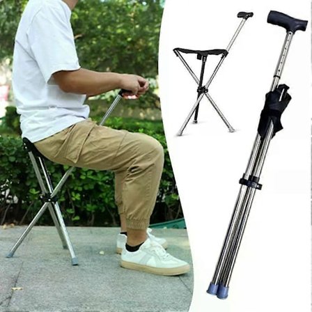 Sammenklappelig stok, let at bære, sæde, bærbar skammel, klapstol, skridsikkert håndtag, superlet vandrestav til udendørs gåture