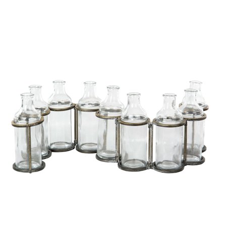 Flaskor i ställning 9 st Antik Mässing