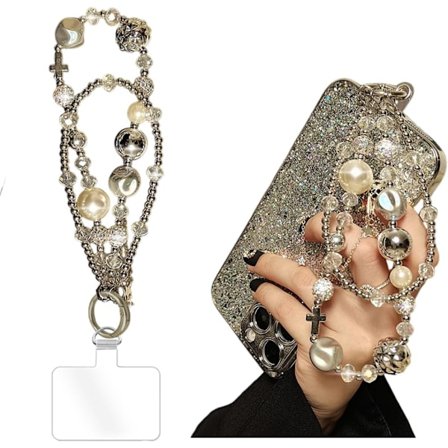 Dobbel kjede håndlaget rhinestone perlebesatt kreativt anheng - mobiltelefon kamera snor kjede håndkjede armbånd bærbar anheng