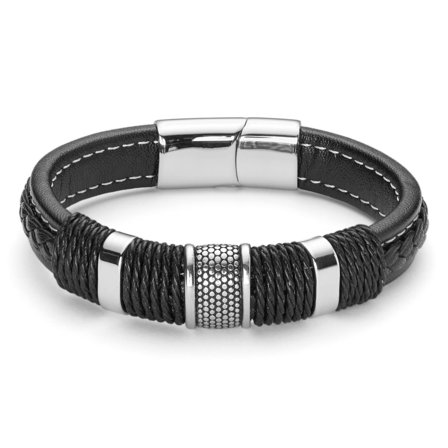 Pulsera de cuero negro y acero plateado Icon para hombres - Pulseras de cuero