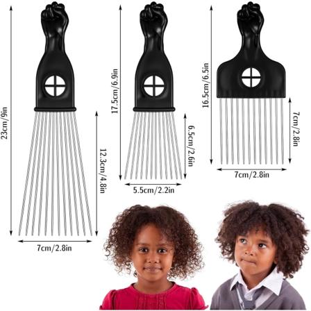 3 stk. Afro-kammer i metall med forskjellige lengder