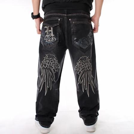 Plus Størrelse 30-46 Tommer Skateboard Mænd Baggy Jeans Bredben Løs Hofte Hop Broderede Blomster Vinger Mall E Denim Bukser Tide Bukser style 2 44 