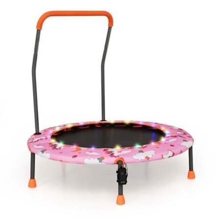 Trampolin til børn Ø92CM COSTWAY-21 Farverige LED-lys-Aftageligt håndtag-Rundt hoppemåtte-3 år-Indendørs Udendørs-Enhjørning