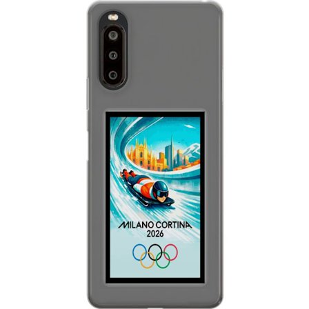 Yhteensopiva Puhelinkuori Sony Xperia 10 II Dynaaminen kelkkailija tai skeleton-ajaja jääkanavalla Milanon Cortina 2026 kanssa, kaupunkinäkymä ja olym