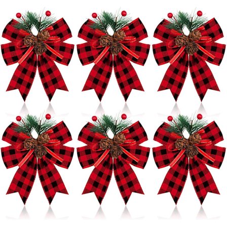 6 stk. julesløjfer, bøffelkostume, ternet båndsløjfe med fyrrekogle, juletræsdekorationssløjfer til jul (sort og rød)
