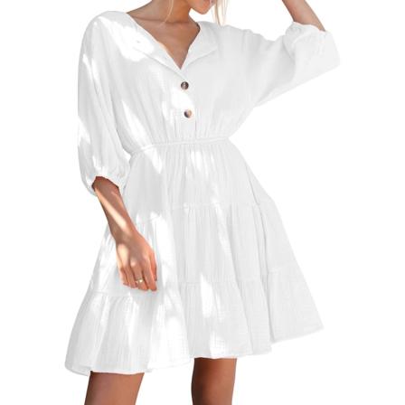 ivimos Dam Sommar Linne Puffärmar Casual Knäppning A-Linje Casual Skater Miniklänningar Vit X-Large