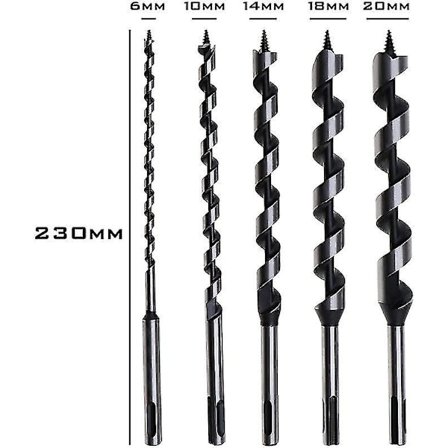Bor-Sæt med Spiralbor 230mm SDS Plus 6 10 14 18mm Pakke med 5 Værktøjer