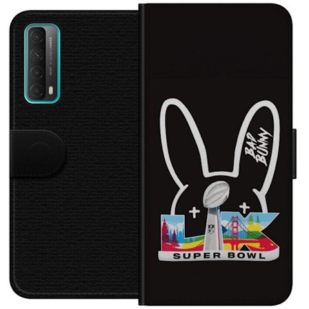 Kompatibelt Lommeboketui til Huawei P smart 2021 Bad Bunny portrett med åpen skjorte, tatoveringer og krøllete hår i stilfull motefotografering