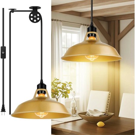 Hængelampe - Vintage Pendellampe med Guldfarvet Skærm & 4,5 m Kabel (Køkken/Stue/Soveværelse)_OF