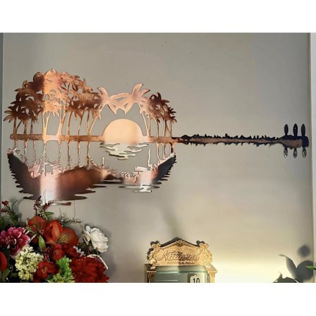 Abstrakt gitar metallkunst dekorasjon håndverk, metall smidd jern skog solnedgang gitar veggkunst, veggdekorasjon for musikere studio musikk i