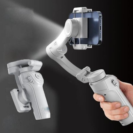 Smarttelefonstabilisator, 3-akset smarttelefongimbal med app, LED, 360° automatisk ansiktssporing, for iPhone og Android