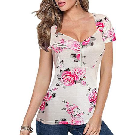 Sexig Blommig T-shirt Med V-ringad Dragkedja För Damer, Dam Summer Slim Fi