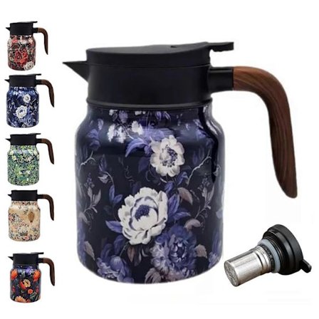 Vintage Blommig Te Termos med Inbyggd Sil, 1000ml Rostfri Termoskanna Tekanna för Varma Drycker, Hem & Kontor