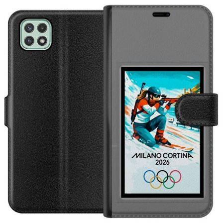 Kompatibelt Lommeboketui til Samsung Galaxy A22 5G Retroplakat Cortina Milano 2026 med fjell, vintersportsutøvere, italienske trikolor, Milano-katedra