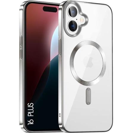 Skal för iPhone 16 Plus med magnetisk cirkel, stötsäkert skydd Transparent TPU Silver Chrome Contour Silver