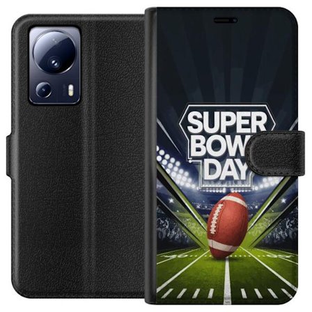 Kompatibel Tegnebogsetui til Xiaomi 13 Lite Super Bowl Day plakat med amerikansk fodbold på oplyst arena i dramatisk sportsdesign