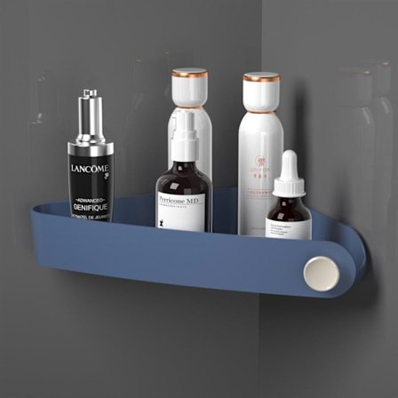 Hjørnehylle for bad, dusjhylle for baderomsoppbevaring, dusjorganisator med selvklebende klistremerker for bad og kjøkken, mørkeblå