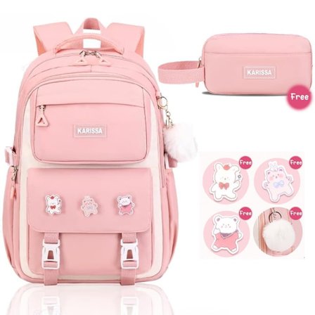 Rygsæk til piger – Sød skoletaske med penalhus og mærke, vandafvisende bogrygsæk til grundskolen_TF_TF