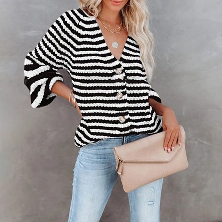 Damrandig Stickad Blus Knäppning V-ringad Stickad Topp Långärmad Casual Randig Blus Svart L