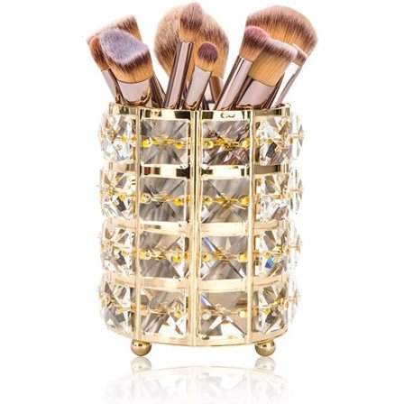 Guld - Makeup børste opbevaring, børsteholder, krystal, rund, makeup
