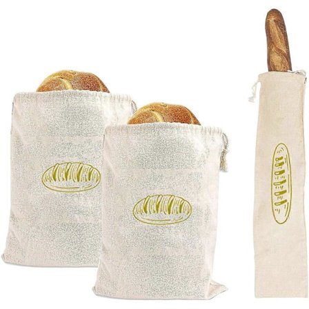 Brødpose Sett med 3 stk Naturlig Lin Gjenbrukbare Brødoppbevaringsposer med Snøring for Alle Typer Brød