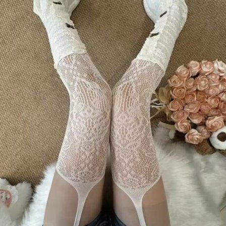 Én Størrelse; Hvit-Nye Dame Lilla Blomstrete Blondestrømper med Strømpeholdere, Sexy Japanske Gjennomsiktige Mesh Høye Strømper, Polyester JK