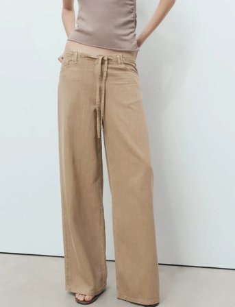 Mango Wide-Leg Denim Trousers With Belt - Beige - 32