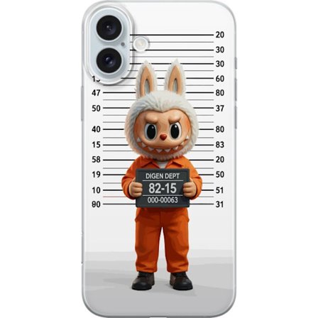 Kompatibel Mobilcover til Apple Apple iPhone 16 Plus Sød tegnet kaninfigur i fængselsklæder med fangenummer mod baggrund med længdemåling