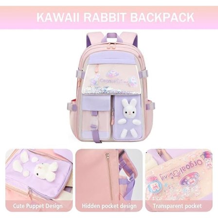 Skolerygsæk – Kawaii Kanin Design til Piger, Vandafvisende med Stor Kapacitet_TF_TF