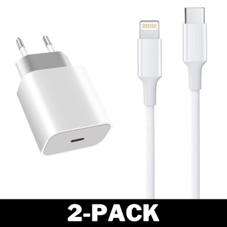 Väggladdare USB-C PD 20W + 2M Lightning Kabel iPhone Vit