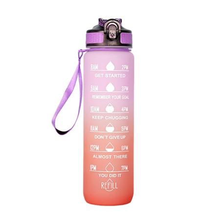 1000 ML sportsvannflaske Motiverende halmflaske med tidsmarkør Lekkasikker drikkeflaske for utendørs utendørs Pink Purple