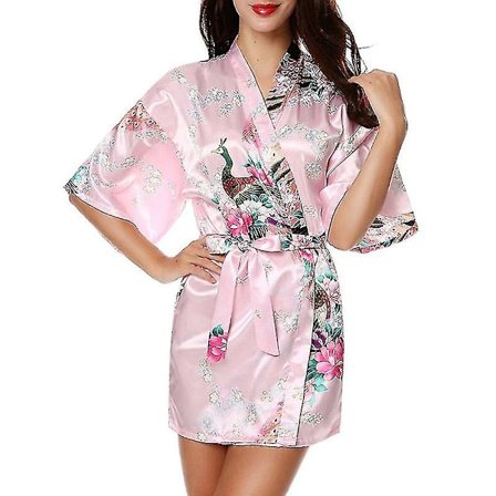 Kvinner Blomstret Silke Satin Kimono Morgenkåpe Kjole Nattøy Badekåpe Pink_qc