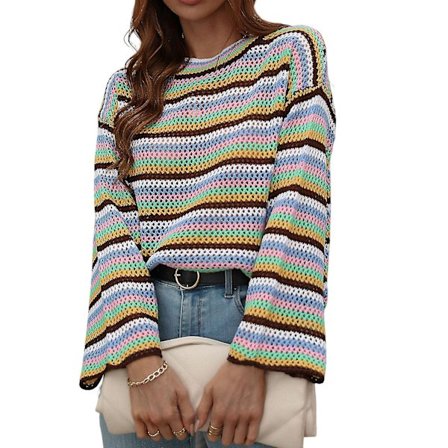 Dam vinter casual tröja rund hals randig tröja långärmad plus size pullover