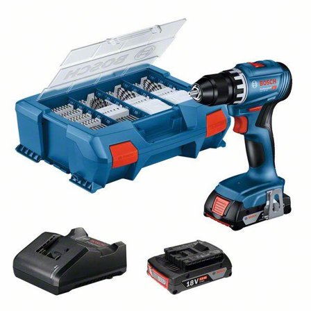 Bosch GSR 18V-45 Skruvdragare med tillbehör, 2,0 Ah batterier och laddare, Maskiner