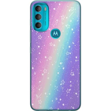 Kompatibelt Mobildeksel til Motorola Moto G71 5G Rainbow-farget pastellbakgrunn med hvite stjerner og gnistrende prikker i myk overgang