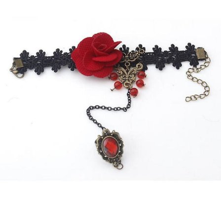 Kvinnors gotiska stil spets röd ros armband kedja med justerbar fingerring