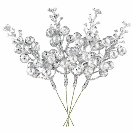 6-pakning juleglitter bærstilker, 7,8-tommers sølv kunstige julefrukter for juletrepynt, DIY julekranser, håndverk, høytid