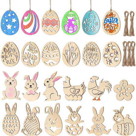 48 stk påskehåndverk i tre, påskedekorasjoner, uferdige tre egg, kanin, sommerfugl, blomsterform med tegnepenn og snorer for DIY påske