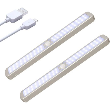 LED-belysning under skåp med rörelsesensor, USB-uppladdningsbar, under skrivbord, hall, 2-pack, silver