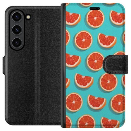 Kompatibelt Lommeboketui til Samsung Galaxy S24 Illustrert mønster med gjentatte grapefrukt skiver mot en turkis bakgrunn