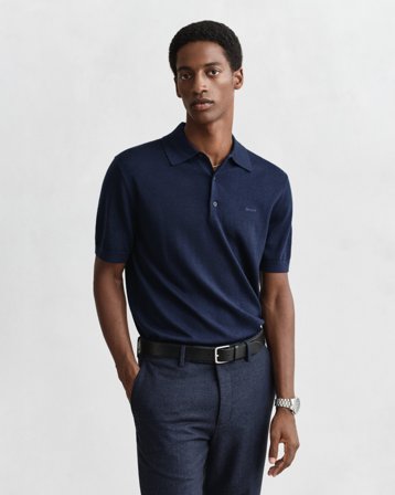 GANT Herren Kurzärmeliger Polopullover aus extrafeiner Merinowolle (S) Marineblau