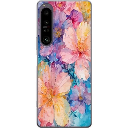 Kompatibelt Mobildeksel til Sony Xperia 1 IV Akvarellmaling med store blomster i rosa, blå og gule toner i en myk kunstnerisk stil.