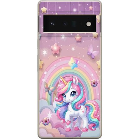 Kompatibel Mobilcover til Google Pixel 6 Pro Magisk enhjørning med regnbue manke, stjerner og sommerfugle mod en pastelfarvet himmel med skyer