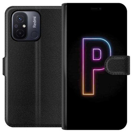 Kompatibel Tegnebogsetui til Xiaomi Xiaomi Redmi 12C Minimalistisk neonbogstav P i farvegradient og lyseffekt mod sort baggrund i digital neonstil