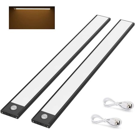 2 stk. LED-skablampe, 40 cm, trådløs, USB-genopladelig, magnetiseret, bevægelsessensor, 3 lystilstande, bærbar, skabbelysning, varmt hvidt 3000K, sort